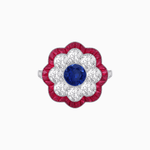 Load image into Gallery viewer, Vintage Style Floral Ring with Round Center Stone, Diamond Halo and French-Cut Gemstone Petals - Shahin Jewelry