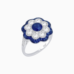 Load image into Gallery viewer, Vintage Style Floral Ring with Round Center Stone, Diamond Halo and French-Cut Gemstone Petals - Shahin Jewelry