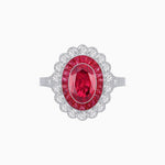 Load image into Gallery viewer, Vintage Style Oval Ring with French-Cut Gemstone Halo and Scalloped Diamond Border - Shahin Jewelry