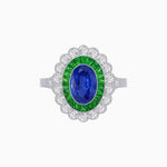 Load image into Gallery viewer, Vintage Style Oval Ring with French-Cut Gemstone Halo and Scalloped Diamond Border - Shahin Jewelry