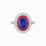 Load image into Gallery viewer, Vintage Style Oval Ring with French-Cut Gemstone Halo and Scalloped Diamond Border - Shahin Jewelry