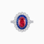 Load image into Gallery viewer, Vintage Style Oval Ring with French-Cut Gemstone Halo and Scalloped Diamond Border - Shahin Jewelry