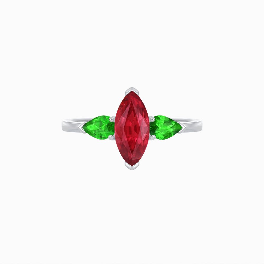 18K White Gold Marquise Ruby and Tsavorite Three - Stone Ring – Classic Collection - Shahin Jewelry