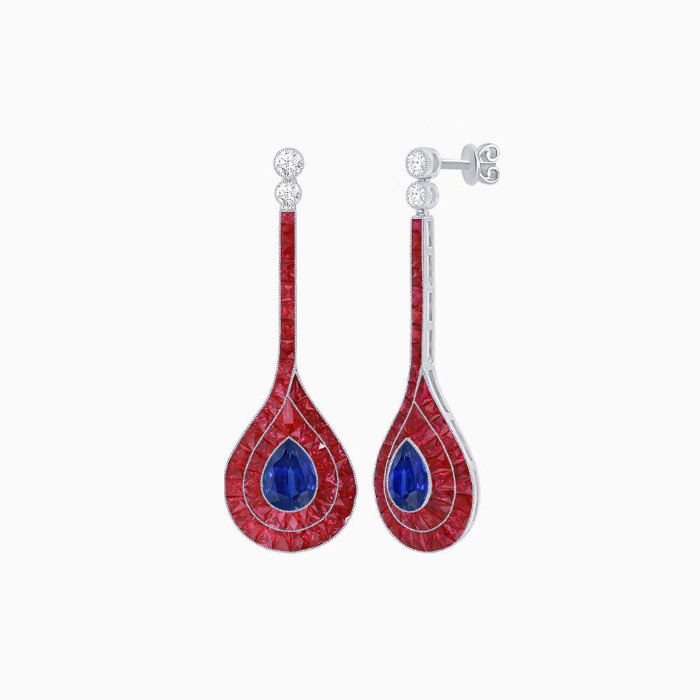 Art Deco Inspired Double Halo Drop Earrings with Diamond and Gemstone | Mounting