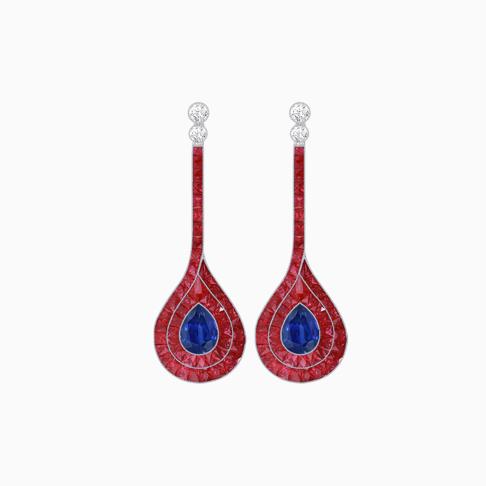 Art Deco Inspired Double Halo Drop Earrings with Diamond and Gemstone | Mounting