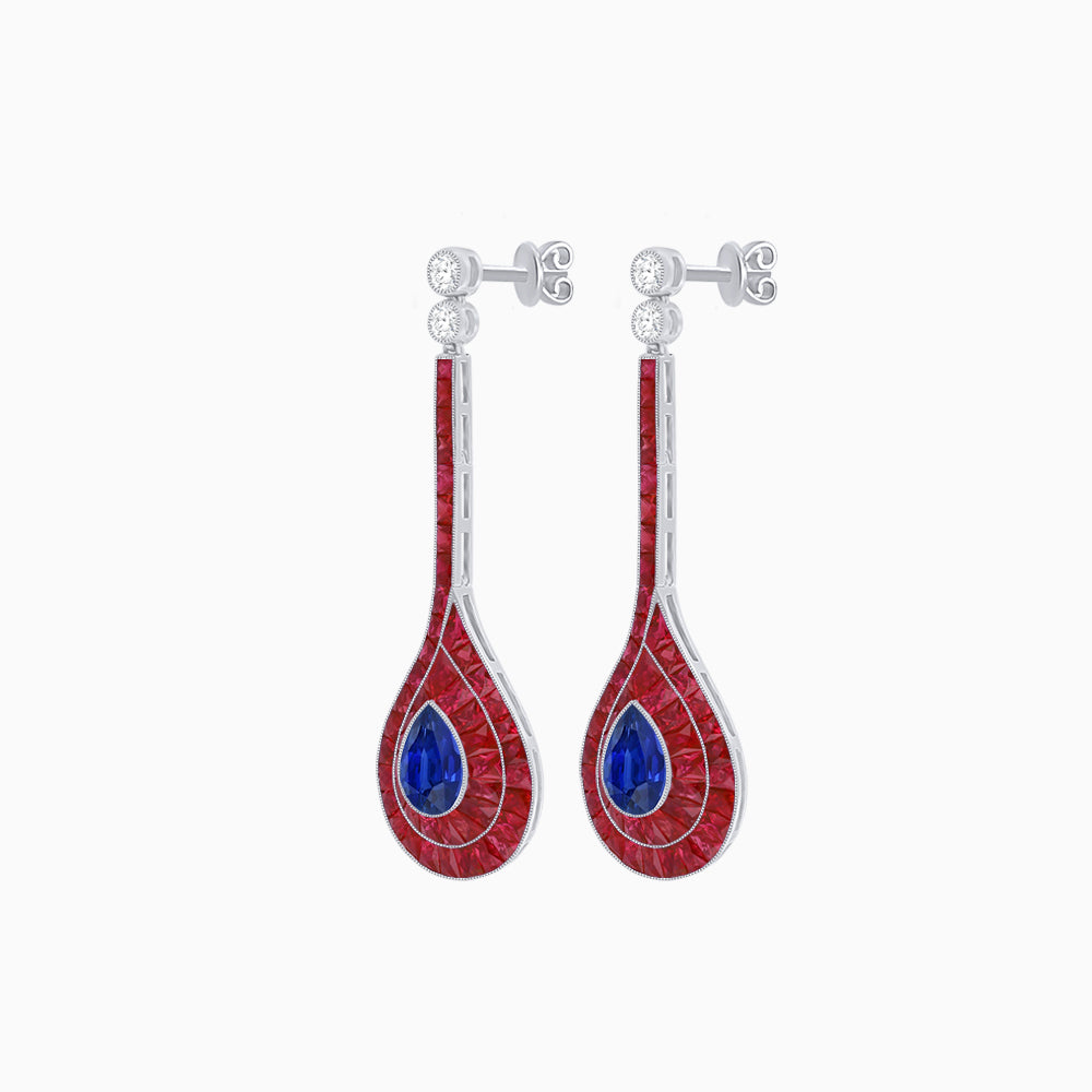 Art Deco Inspired Double Halo Drop Earrings with Diamond and Gemstone | Mounting