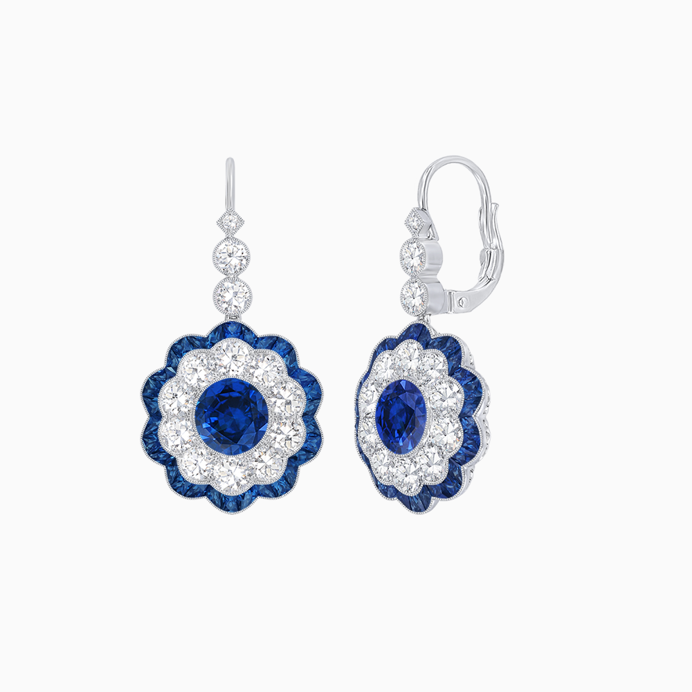 Vintage Floral Dangle Earrings with Diamond Halo and Calibre-Cut Gemstone Accents
