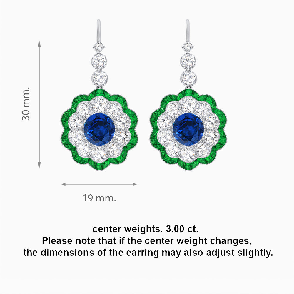 Vintage Floral Dangle Earrings with Diamond Halo and Calibre-Cut Gemstone Accents