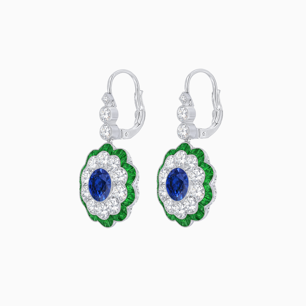 Vintage Floral Dangle Earrings with Diamond Halo and Calibre-Cut Gemstone Accents