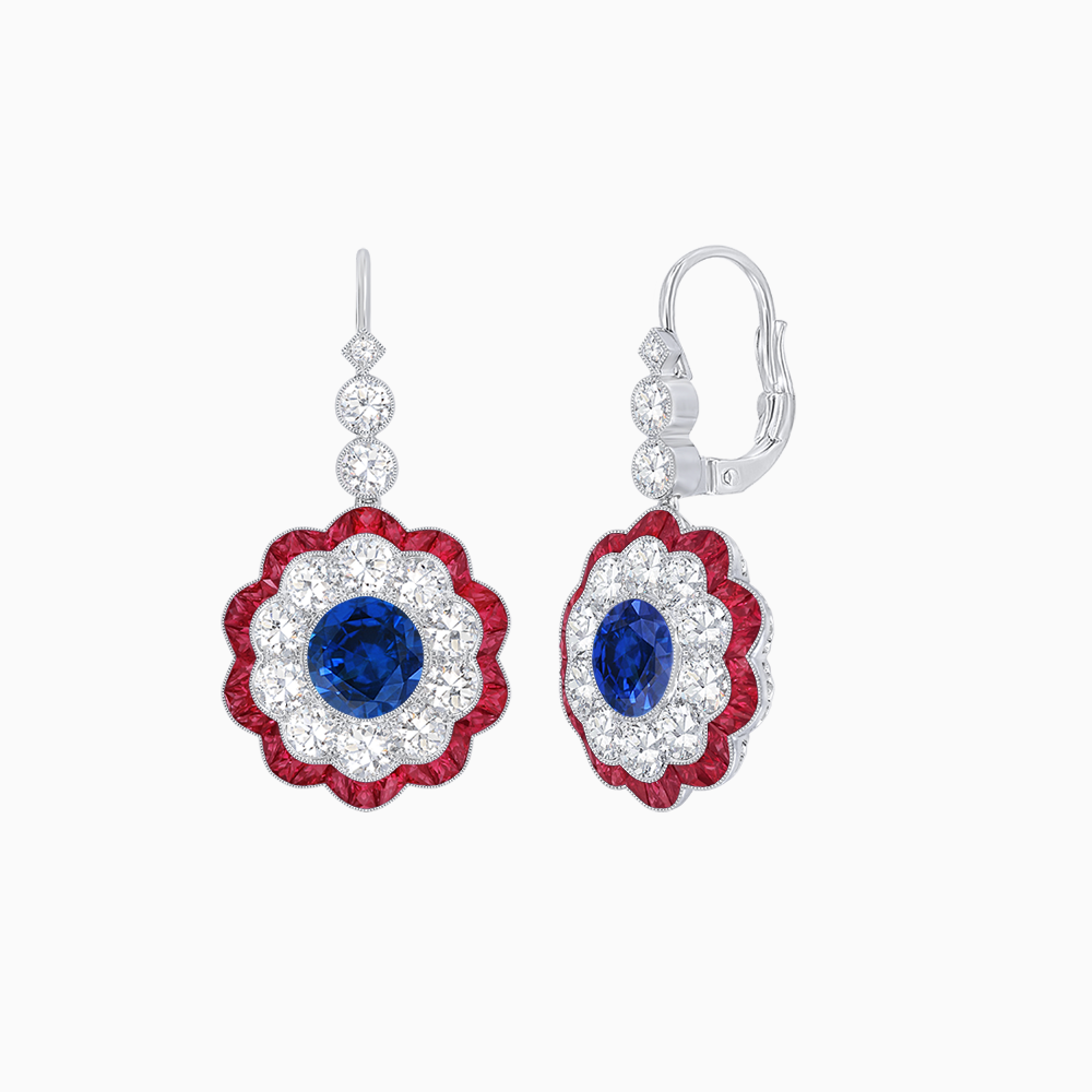 Vintage Floral Dangle Earrings with Diamond Halo and Calibre-Cut Gemstone Accents