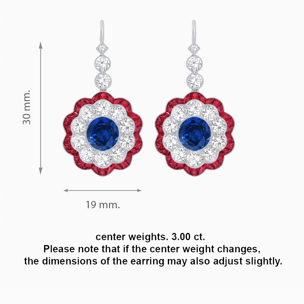 Vintage Floral Dangle Earrings with Diamond Halo and Calibre-Cut Gemstone Accents