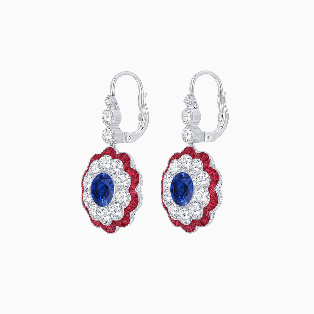 Vintage Floral Dangle Earrings with Diamond Halo and Calibre-Cut Gemstone Accents