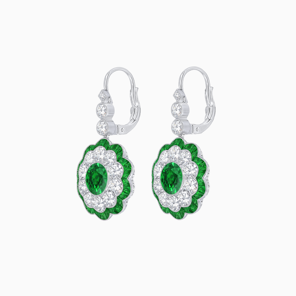 Vintage Floral Dangle Earrings with Diamond Halo and Calibre-Cut Gemstone Accents