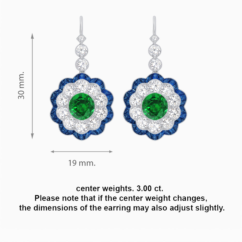 Vintage Floral Dangle Earrings with Diamond Halo and Calibre-Cut Gemstone Accents