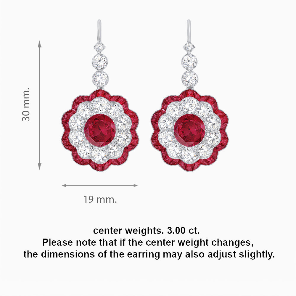 Vintage Floral Dangle Earrings with Diamond Halo and Calibre-Cut Gemstone Accents
