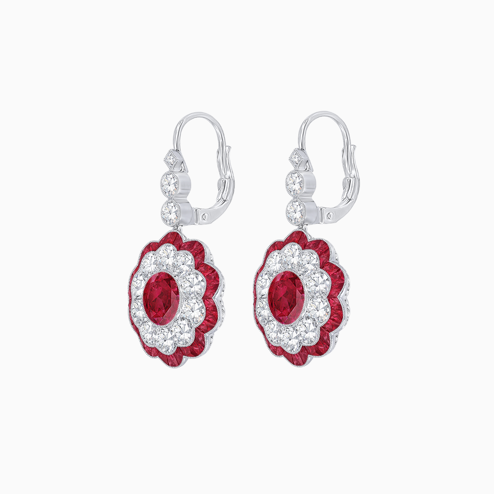 Vintage Floral Dangle Earrings with Diamond Halo and Calibre-Cut Gemstone Accents