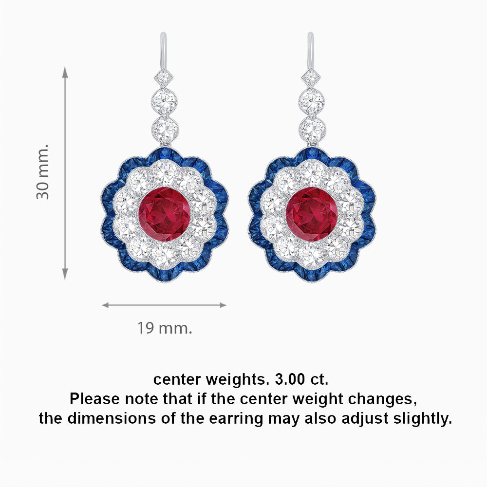 Vintage Floral Dangle Earrings with Diamond Halo and Calibre-Cut Gemstone Accents