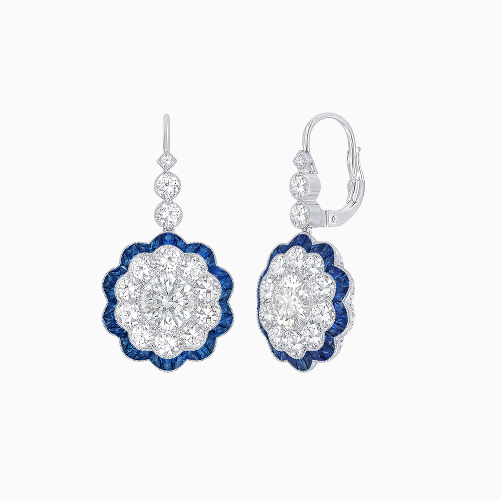 Vintage Floral Dangle Earrings with Diamond Halo and Calibre-Cut Gemstone Accents