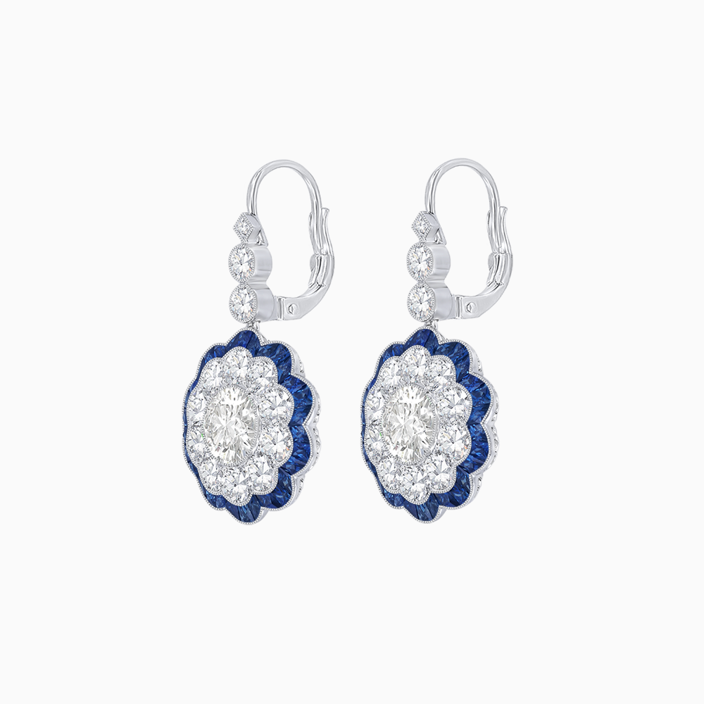 Vintage Floral Dangle Earrings with Diamond Halo and Calibre-Cut Gemstone Accents