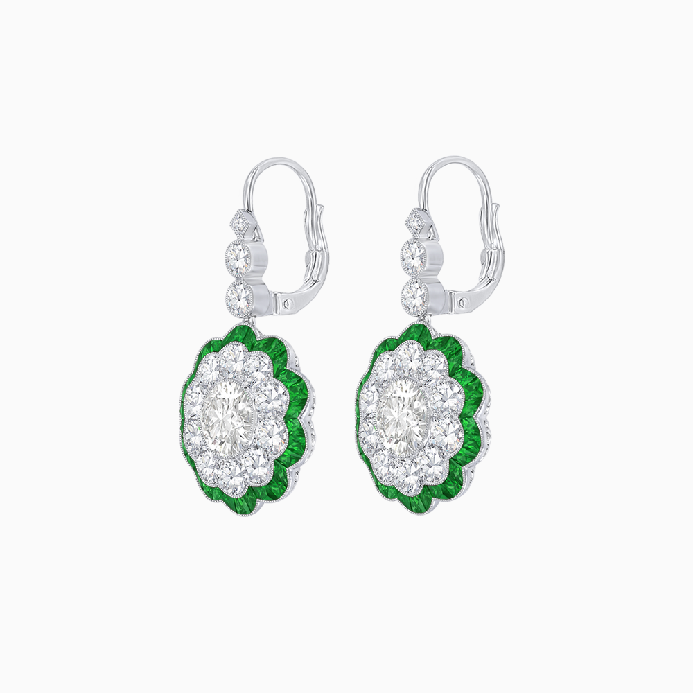 Vintage Floral Dangle Earrings with Diamond Halo and Calibre-Cut Gemstone Accents