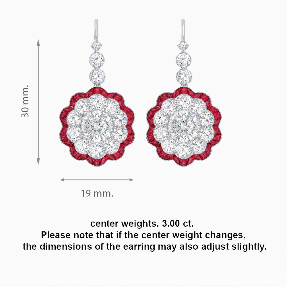 Vintage Floral Dangle Earrings with Diamond Halo and Calibre-Cut Gemstone Accents