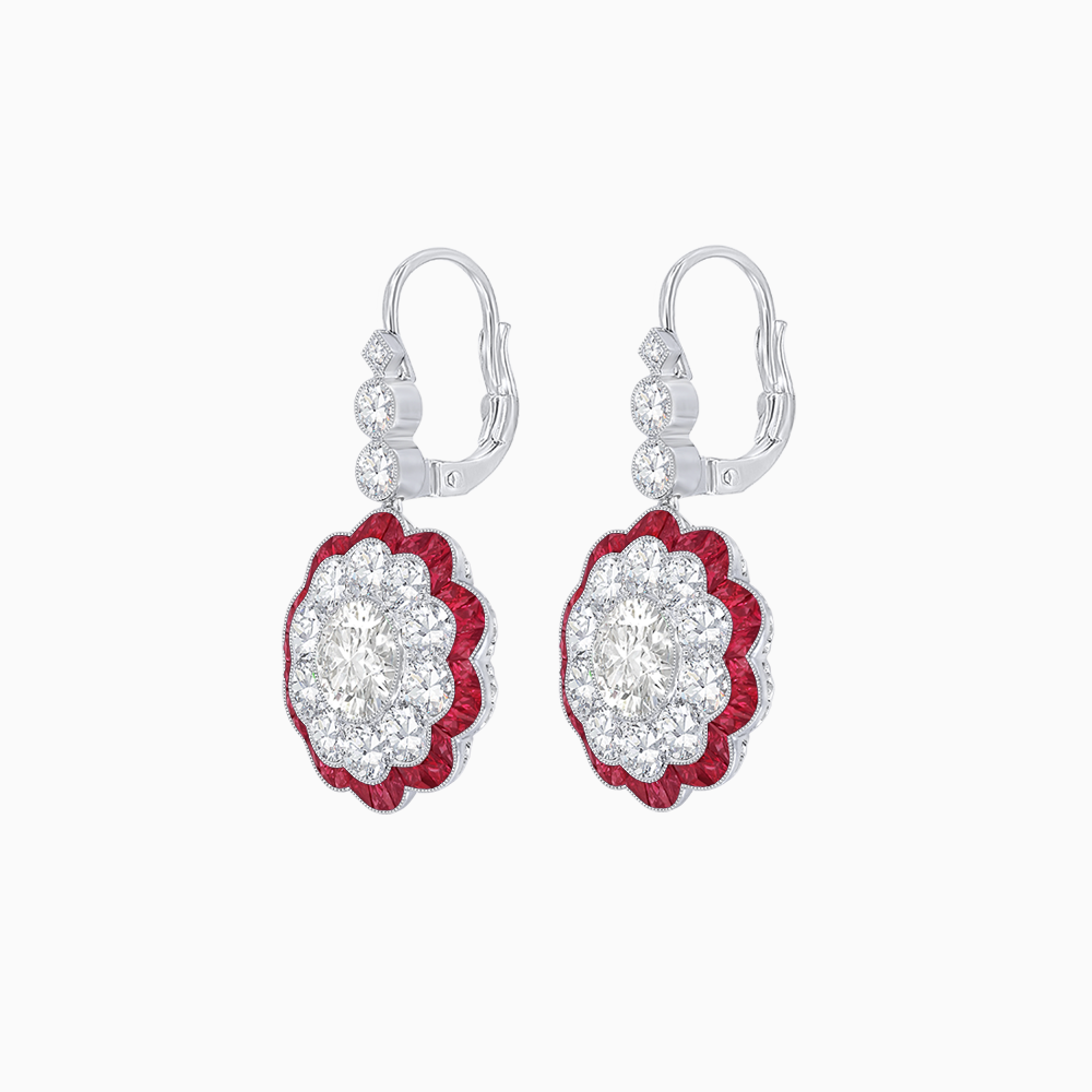 Vintage Floral Dangle Earrings with Diamond Halo and Calibre-Cut Gemstone Accents