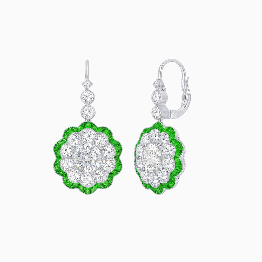 Vintage Floral Dangle Earrings with Diamond Halo and Calibre-Cut Gemstone Accents