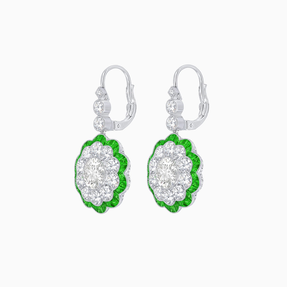 Vintage Floral Dangle Earrings with Diamond Halo and Calibre-Cut Gemstone Accents
