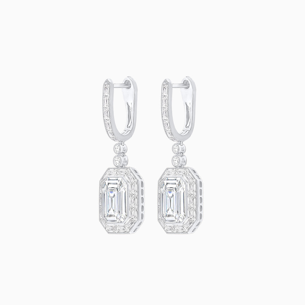 Art Deco Style Emerald Cut Drop Earrings with Diamond Halo