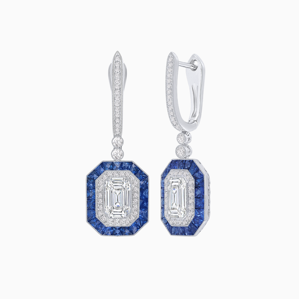 Art Deco–Inspired Mounting Emerald Cut Drop Earrings with Diamonds and Gemstones