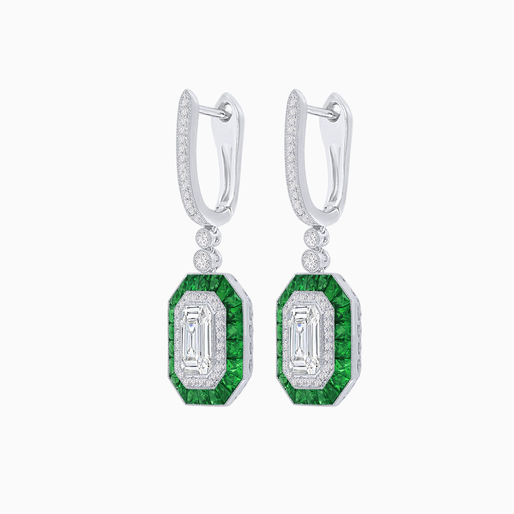 Art Deco–Inspired Mounting Emerald Cut Drop Earrings with Diamonds and Gemstones