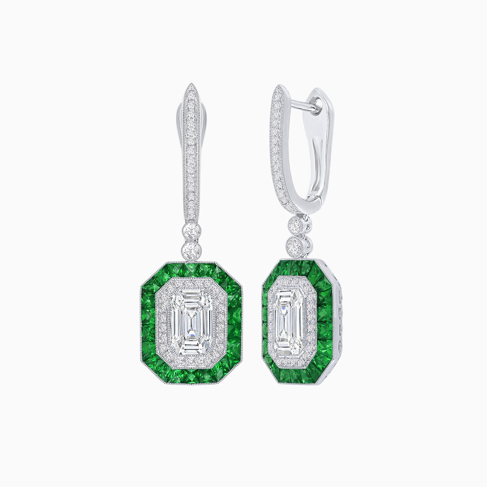 Art Deco–Inspired Mounting Emerald Cut Drop Earrings with Diamonds and Gemstones