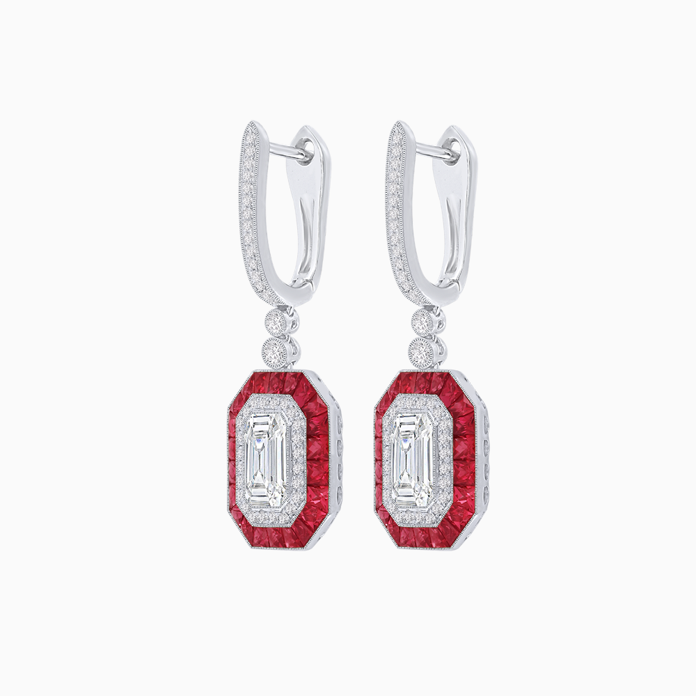 Art Deco–Inspired Mounting Emerald Cut Drop Earrings with Diamonds and Gemstones