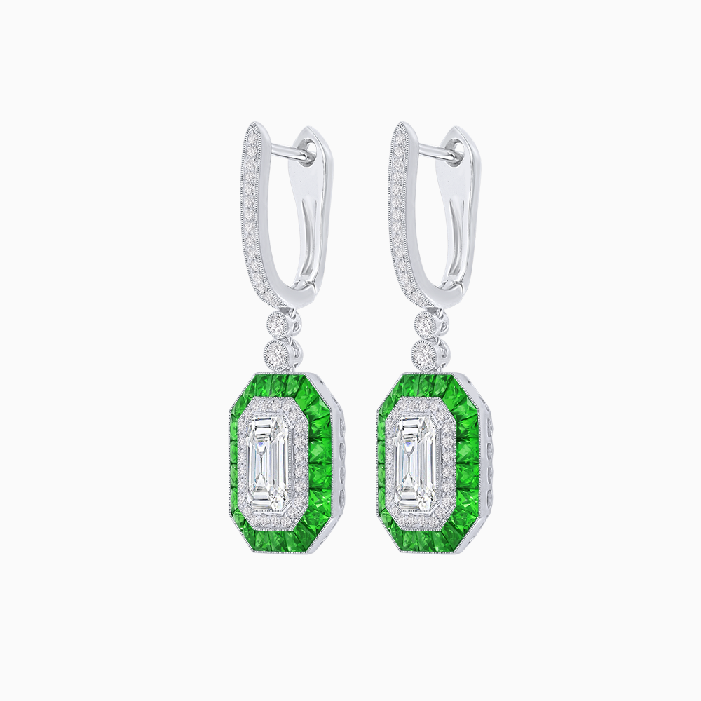 Art Deco–Inspired Mounting Emerald Cut Drop Earrings with Diamonds and Gemstones