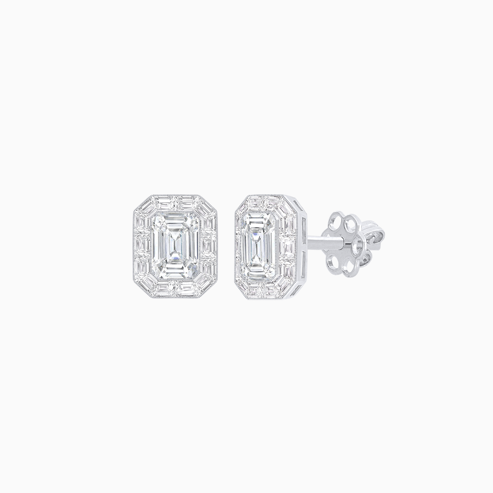 Art Deco Style Emerald Cut Stud Earrings with Baguette Diamond Halo