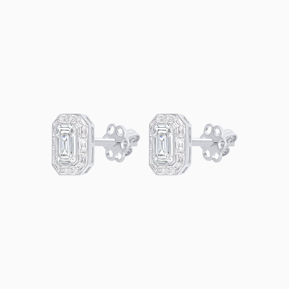 Art Deco Style Emerald Cut Stud Earrings with Baguette Diamond Halo