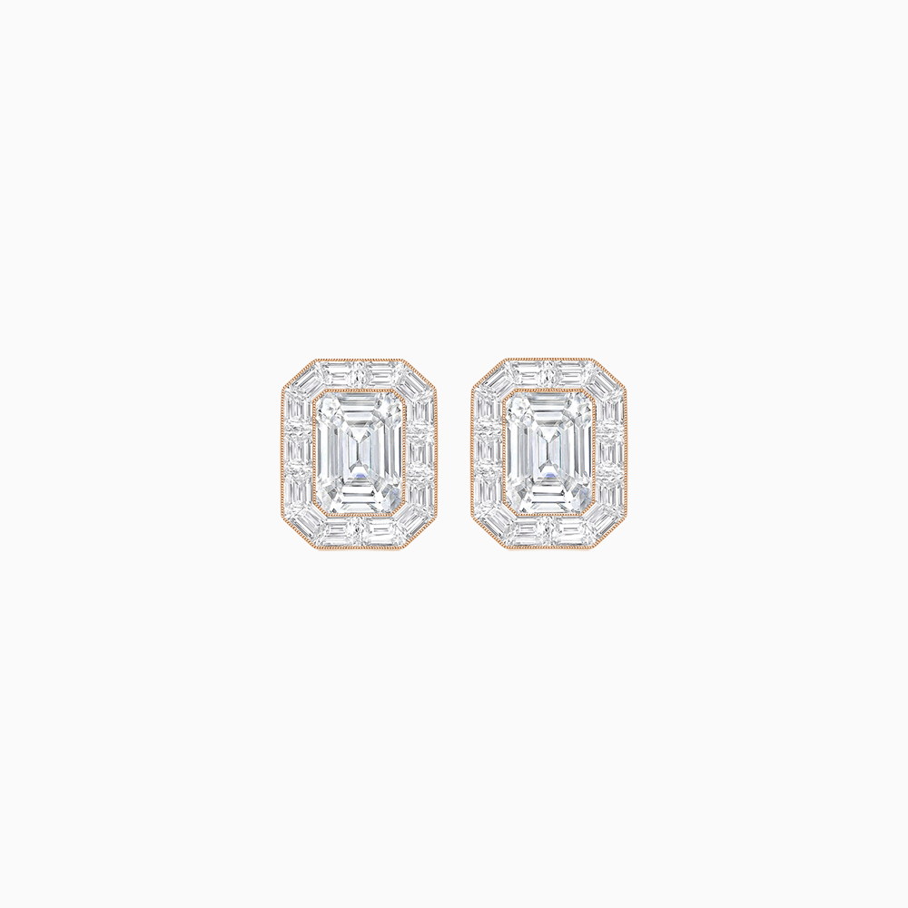 Art Deco Style Emerald Cut Stud Earrings with Baguette Diamond Halo