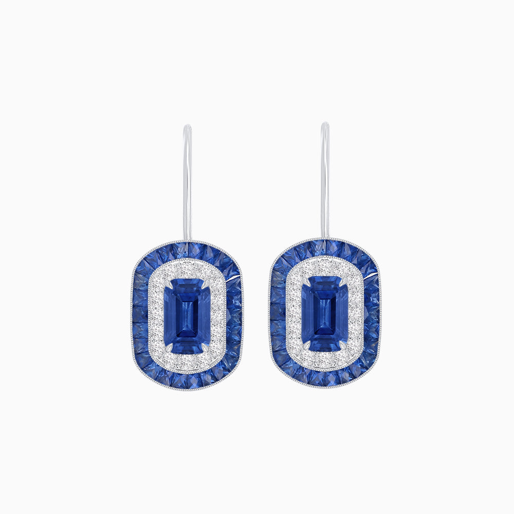 Art Deco Inspired Emerald-Cut Halo Drop Earrings Mounting with Diamonds and Gemstones