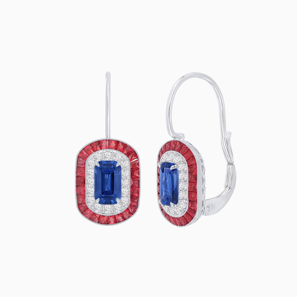 Art Deco Inspired Emerald-Cut Halo Drop Earrings Mounting with Diamonds and Gemstones