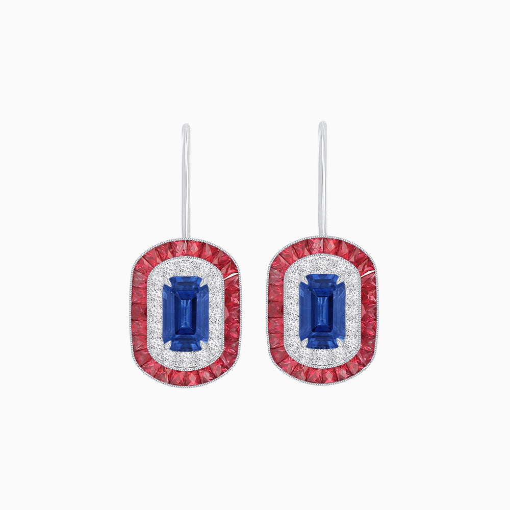 Art Deco Inspired Emerald-Cut Halo Drop Earrings Mounting with Diamonds and Gemstones