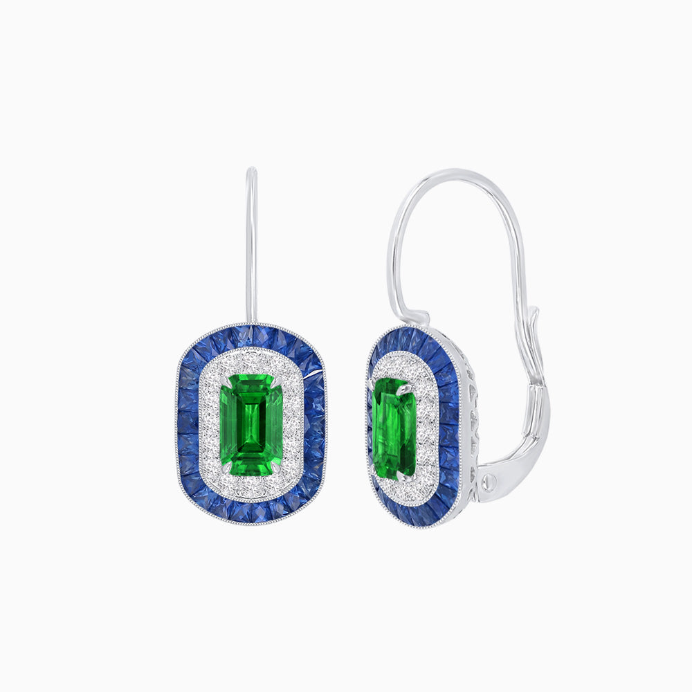 Art Deco Inspired Emerald-Cut Halo Drop Earrings Mounting with Diamonds and Gemstones