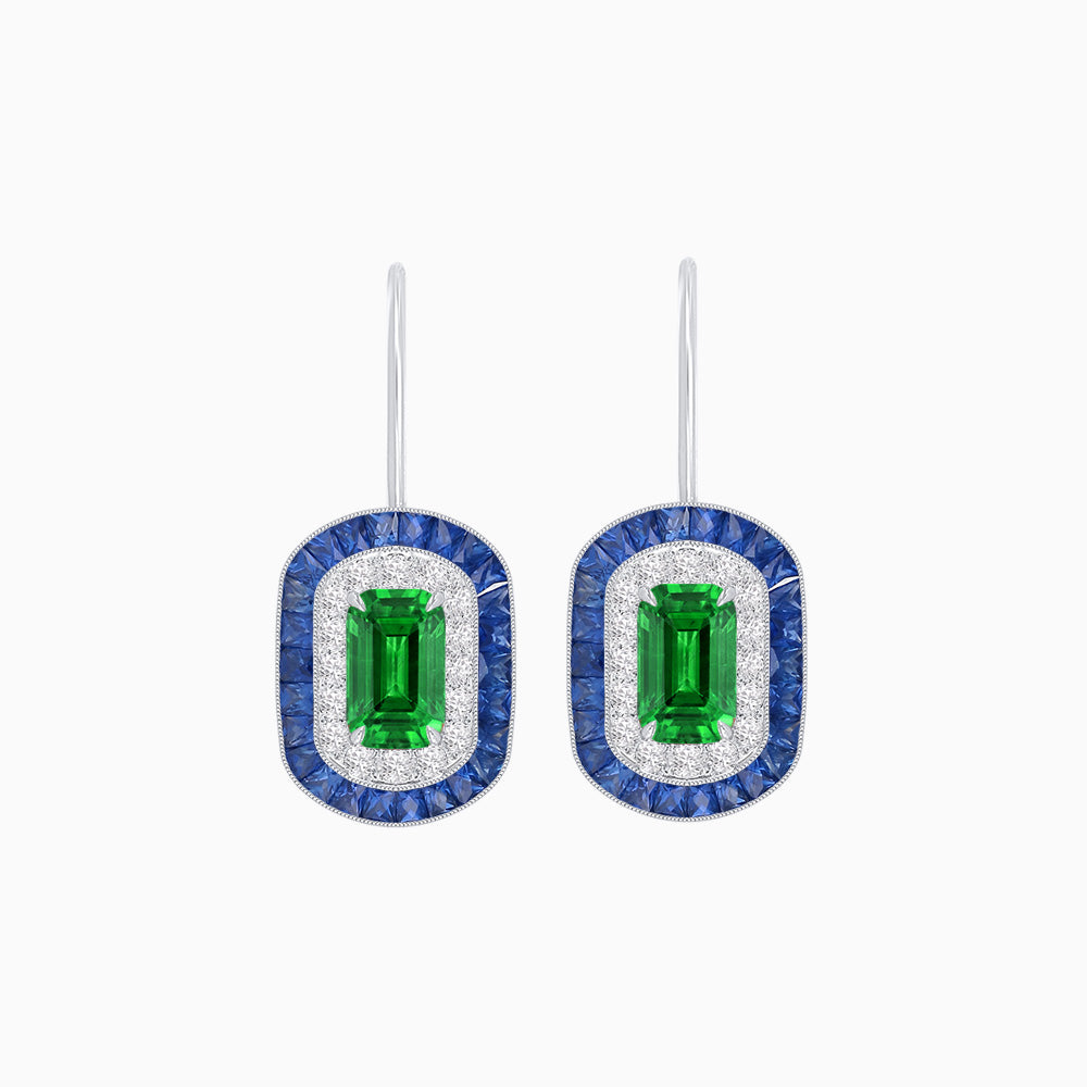 Art Deco Inspired Emerald-Cut Halo Drop Earrings Mounting with Diamonds and Gemstones