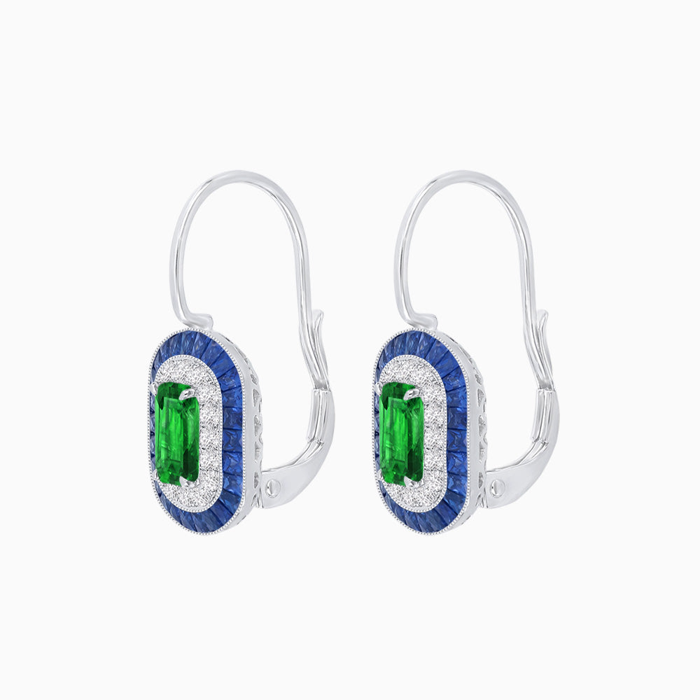 Art Deco Inspired Emerald-Cut Halo Drop Earrings Mounting with Diamonds and Gemstones
