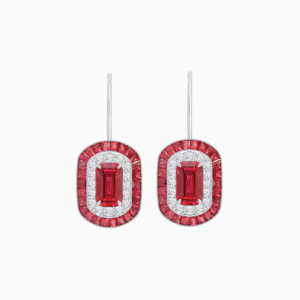 Art Deco Inspired Emerald-Cut Halo Drop Earrings Mounting with Diamonds and Gemstones