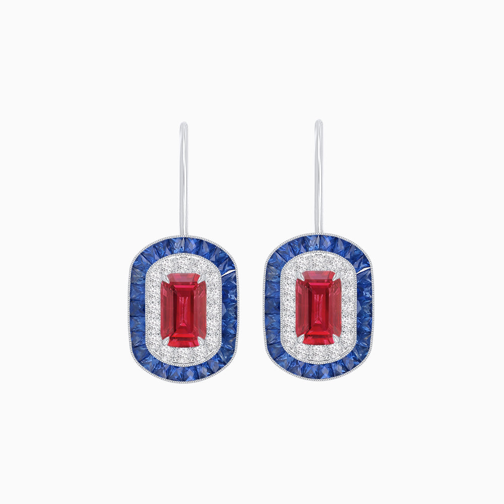 Art Deco Inspired Emerald-Cut Halo Drop Earrings Mounting with Diamonds and Gemstones