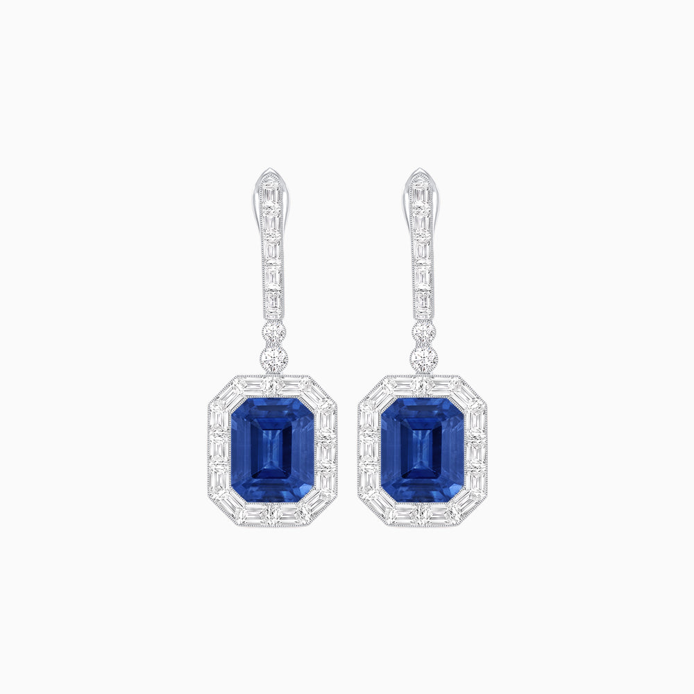Art Deco Style Emerald Cut Drop Earrings with Diamond Halo