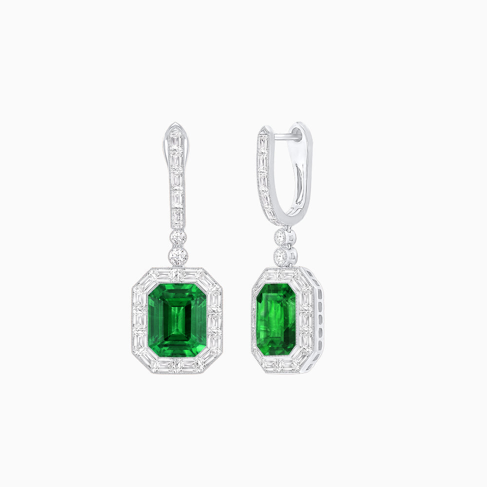 Art Deco Style Emerald Cut Drop Earrings with Diamond Halo