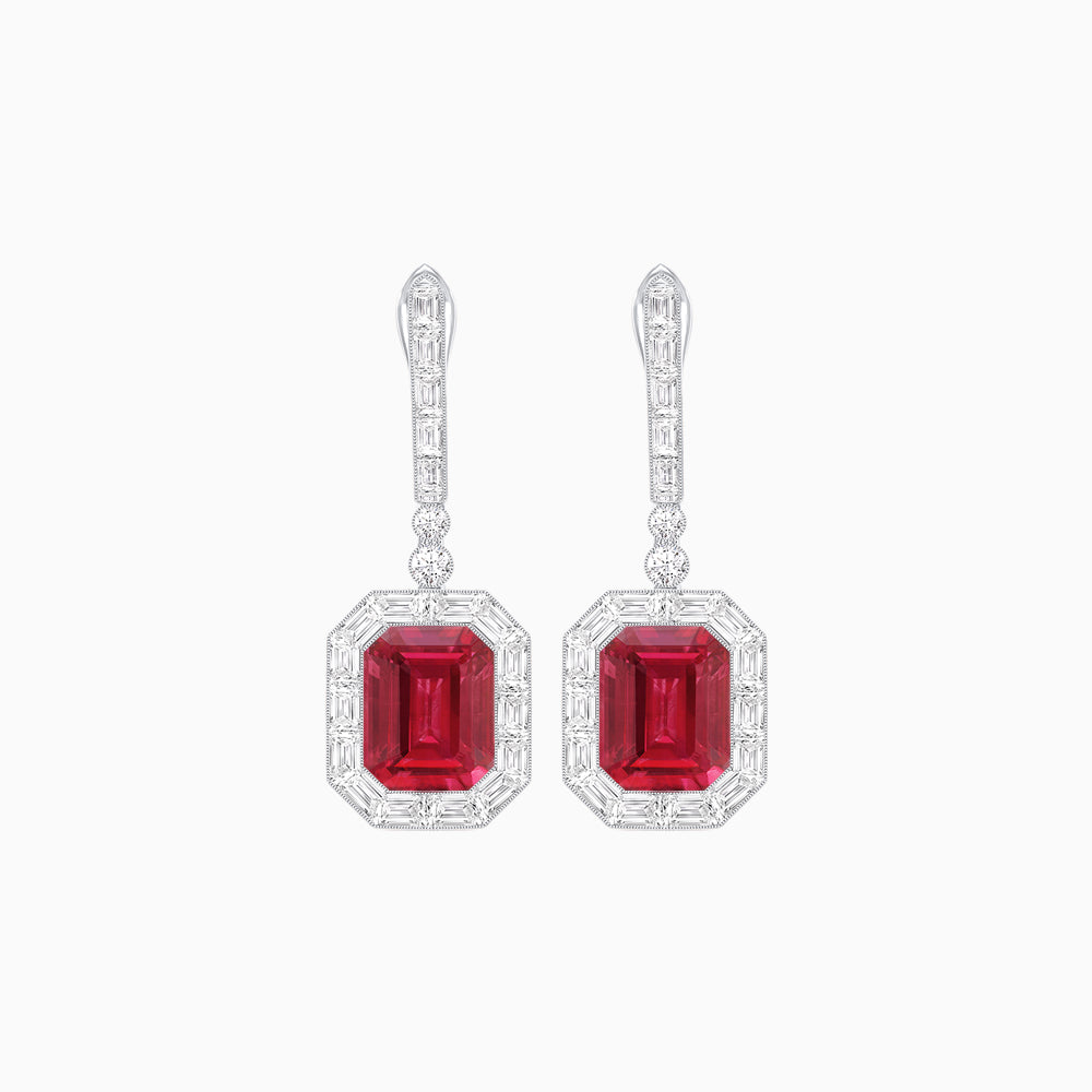 Art Deco Style Emerald Cut Drop Earrings with Diamond Halo