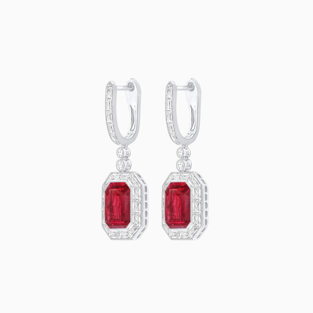 Art Deco Style Emerald Cut Drop Earrings with Diamond Halo