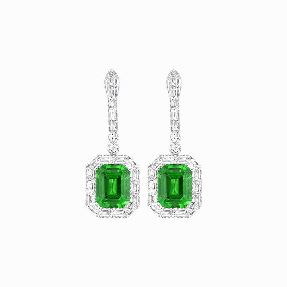 Art Deco Style Emerald Cut Drop Earrings with Diamond Halo